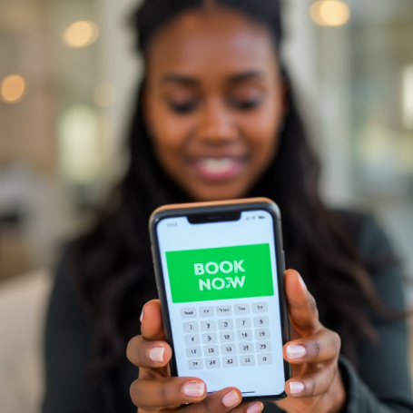 A woman holding a phone displaying a "Book Now" calendar.